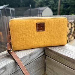 Dooney & Bourke Dandelion Yellow Pebble Grain Large Zip Around Wristlet