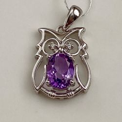 S925 Sterling Silver Natural Amethyst Owl pendant