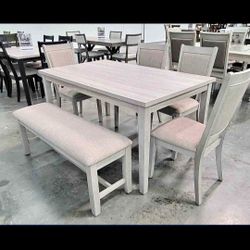 ✅️✅️6 pc  ligght grey finish wood dining table set padded seat chairs and bench✅️