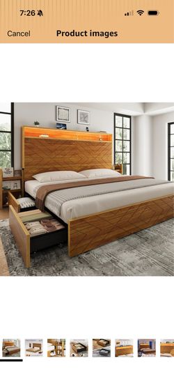 King Size Bed Frame with 2 Bedside Stoage Racks & 4 Locking Drawers, 51.18" Tall Headboard with Charging Station & RGB LED Lights, Farmehouse Platform
