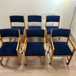 Set of 6 Office Chairs — Blue Fabric, Wood Frame, Excellent Condition