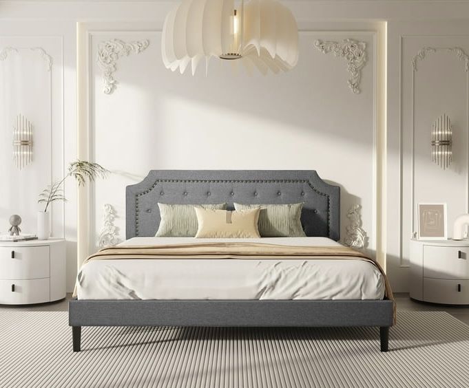 Button Tufted Queen Size Light Gray Bed Frame