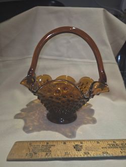 Vintage Fenton Dark Amber Hobnail Basket Ruffle Crimp Edge 5” Tall