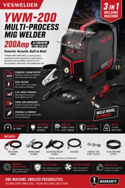 YESWELDER 200Amp Aluminum MIG Welder YWM-200, 110/220V Dual Voltages MIG Flux Cord Stick Lift TIG Multi Proces MIG Welding Machine, Spool Gun Compatib