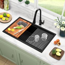 Granite Composite Kitchen Sink 32"X18"X9" Black Top Mount or Drop In Sinks Single Bowl Kitchen Sinks with Workstation Accessories Noise-Free Undermoun