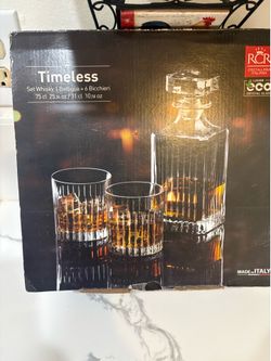 RCR Timeless Crystal Decanter W/Stopper And 6 Rocks Glasses. Heavy