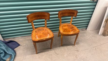 Pair of Italian Marquetry Inlaid Side Chairs – Burl Wood with Floral Inlay