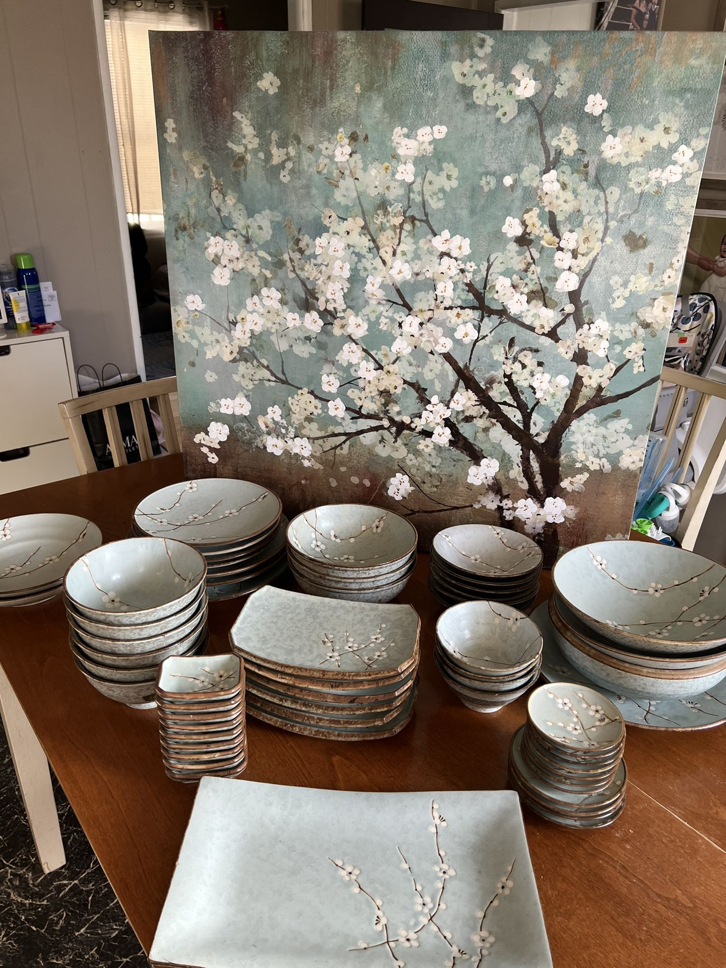 Ceramic white cherry blossom branch Dinnerware set with matching canvas Included