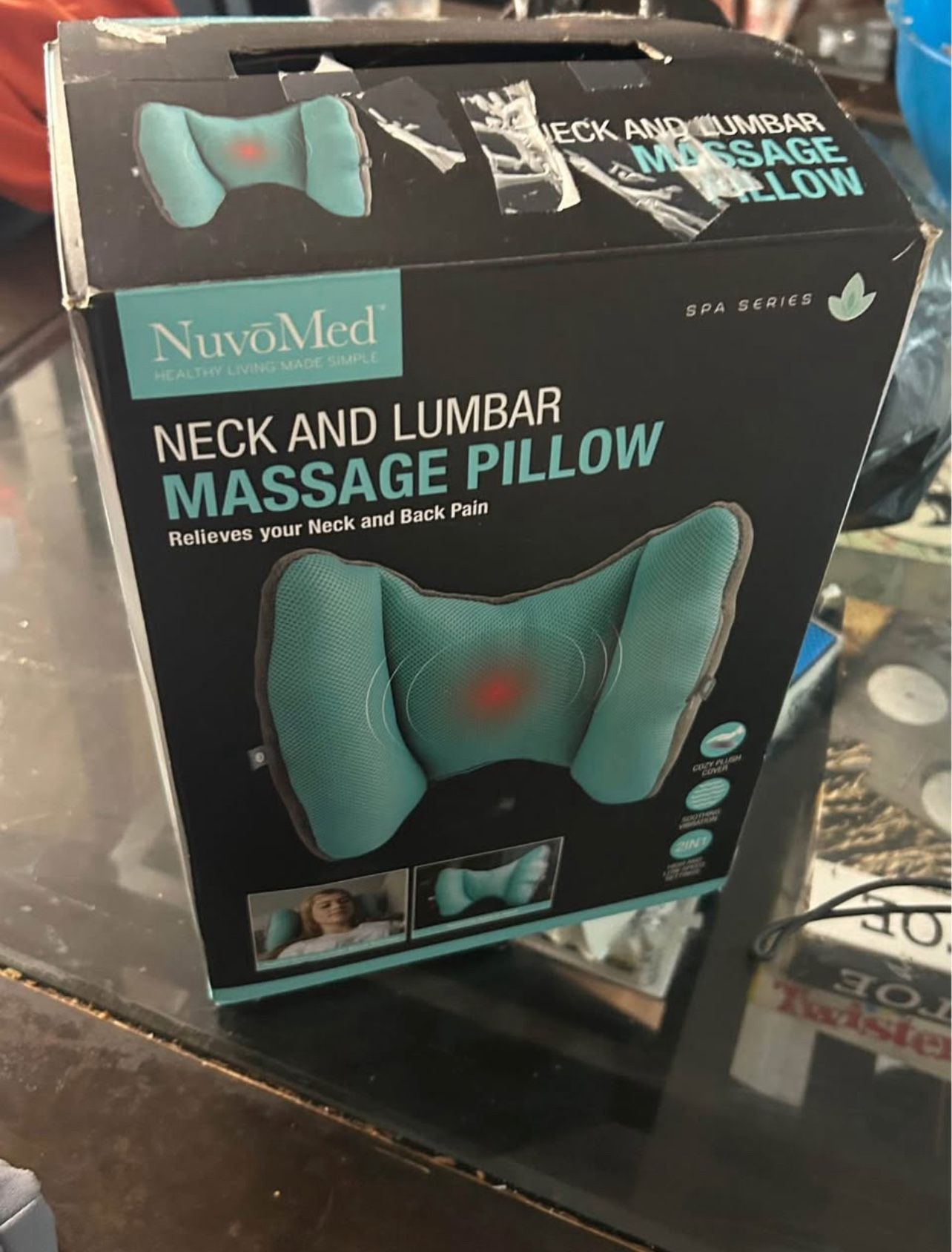 NUVOMED Neck and Back Lumbar Massage Pillow 18in X 13in Green BATTERY Travel