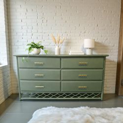 Olive Green 6-Drawer Dresser with Gold Hardware & Lattice Base