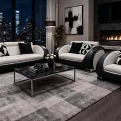 🔥 MODERN BLACK & WHITE LEATHER 3-PIECE SOFA SET 😍 🚚 FREE LOCAL DELIVERY INCLUDED