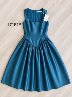 Amanda Uprichard NWT Dress XS TEAL GREEN Taffeta Dropped Waist  & Pockets