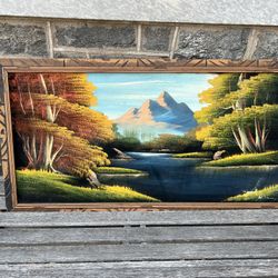 Vintage velvet painting 48.5”x25.5” fall nature scene river mountains outdoors great colors signed