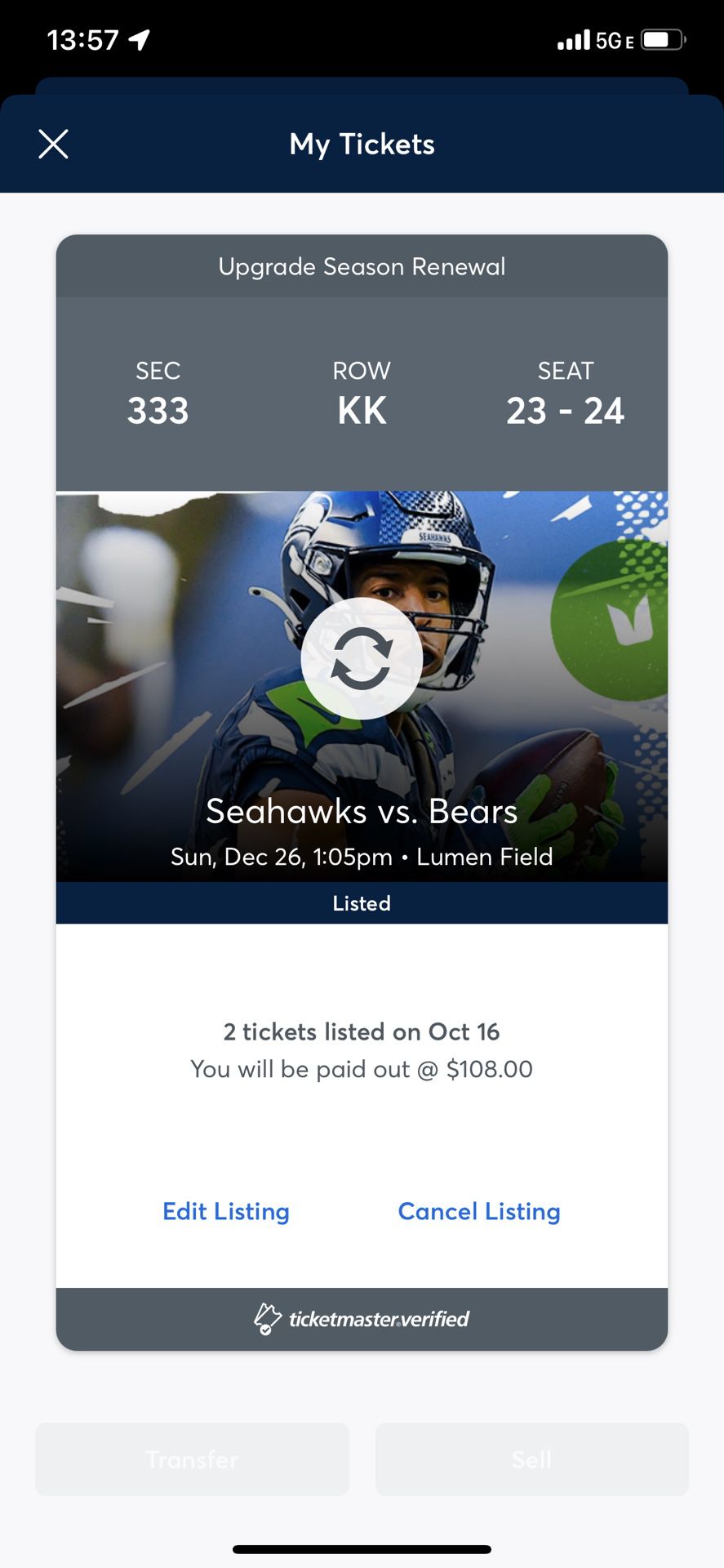 Two Tickets To Seattle Seahawks Vs Chicago Bears
