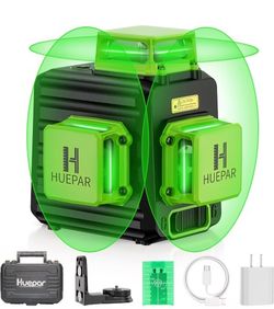Huepar Laser Level 360 Self Leveling, 3 x 360° High Brightness Cross Line Laser for Construction and Picture Hanging, 12 Green Laser Level Tool with 5