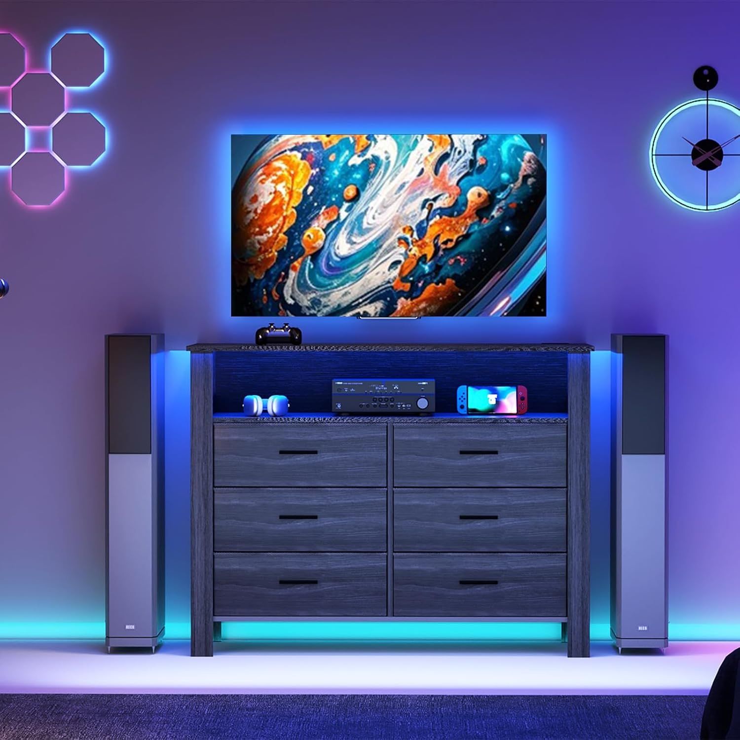 Tv Stand With Storage And Led Lights, 6 Drawers Entertainment Center With Large Open Shelf For 60 Inch Tv, Modern Media Tv Console Table For Bedroom,