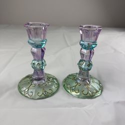 Vintage PartyLite Mardi Gras Jeweled Glass Taper Candle Holders - Set of 2