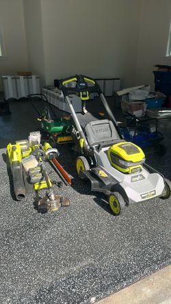 RYOBI Electric Mower, Hedge Cutter, Weed Wacker and Blower with Batteries