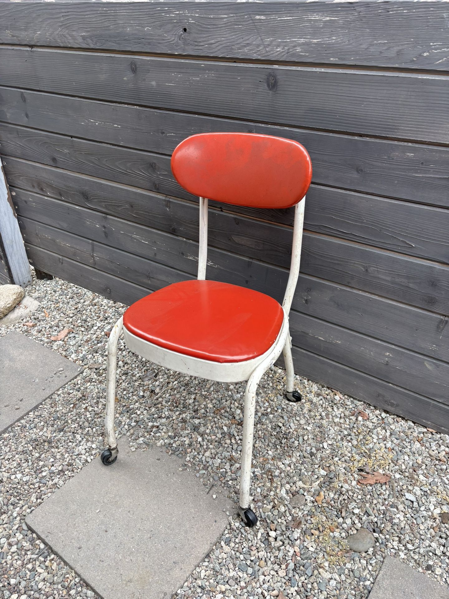 Mid Century Metal & Chrome Rolling Red Upholstered Chair