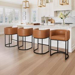 Counter Height Bar Stools Set of 4, Modern Barrel Counter Stools with Backrest and Arms, Black Metal Frames, Faux Leather Upholstered Accent Barstools