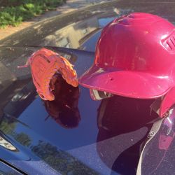 Kids batting helmet and baseball glove