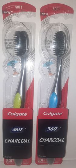 (2) BRAND NEW HIGH QUALITY Colgate 360 Charcoal Infused Floss-Tip Bristles Soft Toothbrushes