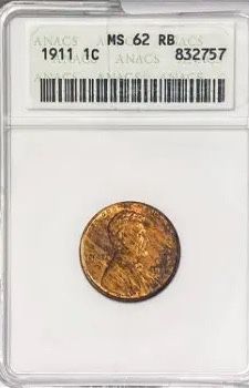 1911 Wheat Cent ANACS MS62 RB
