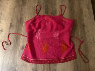 Pink Leaf-Print Spaghetti Strap Tank Top