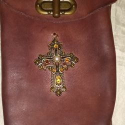 Dark Brown Leather Pouch Purse With Cross On Front Long Adjustable Straps
