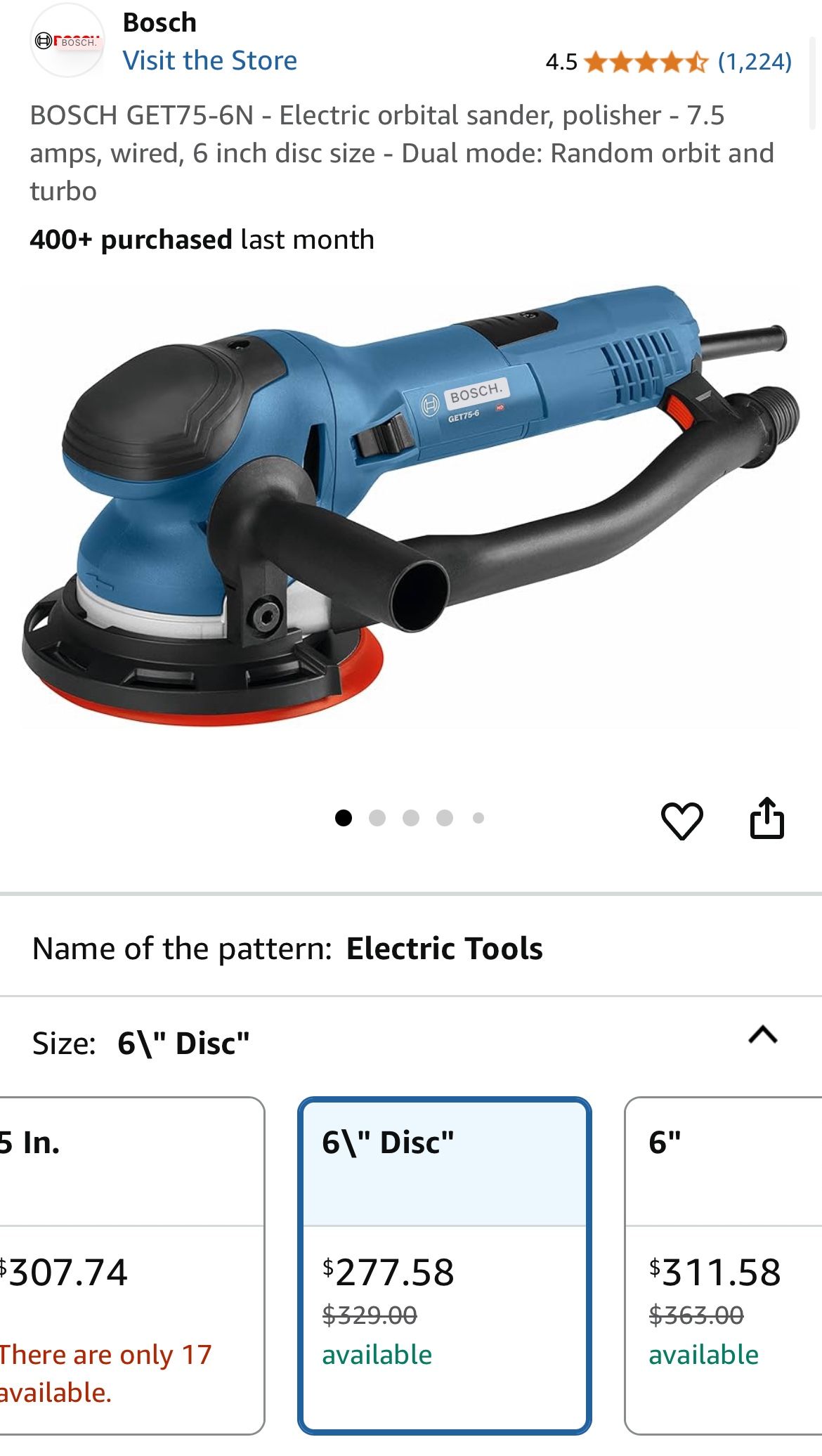 BOSCH GET75-6N - Electric orbital sander, polisher - 7.5 amps, wired, 6 inch disc size - Dual mode: Random orbit and turbo
