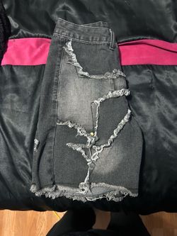 Girlism Y2K star patchwork denim shorts feature a dark grey wash and frayed raw edges size small