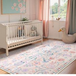 Anidaroel 5x7 Area Rugs for Living Room, Washable Pink Floral Rugs for Bedroom Girls, Soft Boho Nursery Rugs for Kids Playroom, Non Slip Low Pile Indo
