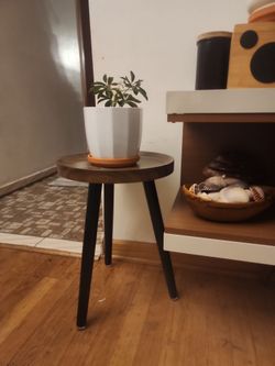 Round Wood Top Plant Stand with Black Legs