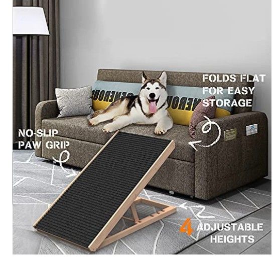 SASRL Adjustable Pet Ramp for All Dogs and Cats - Folding Portable Dog Ramp for Couch or Bed with Non Slip Carpet Surface, 40”Long and Height Adjustab