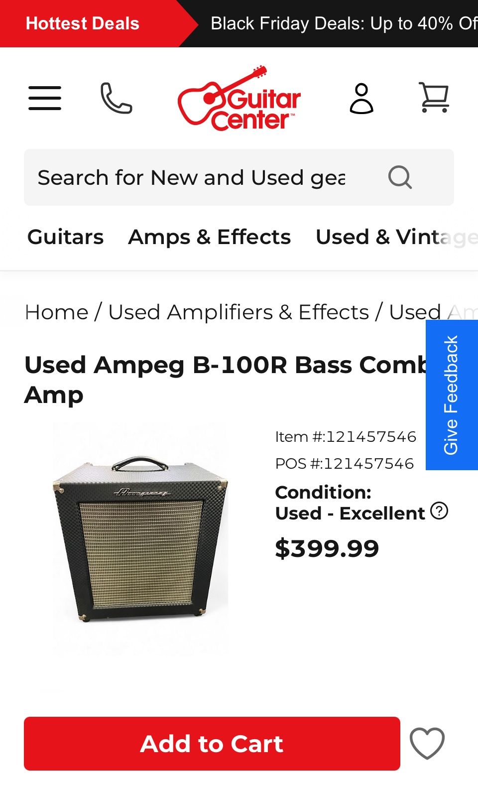 Ampeg B-100R Bass Guitar Amp 15” Speaker