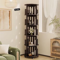 5 Tiers Rotating Bookshelf Tower ,360° Rotating Bookshelf Revolving Book Organizer Space Saving Corner Bookcase for Bedroom Living Room Home Dark Waln
