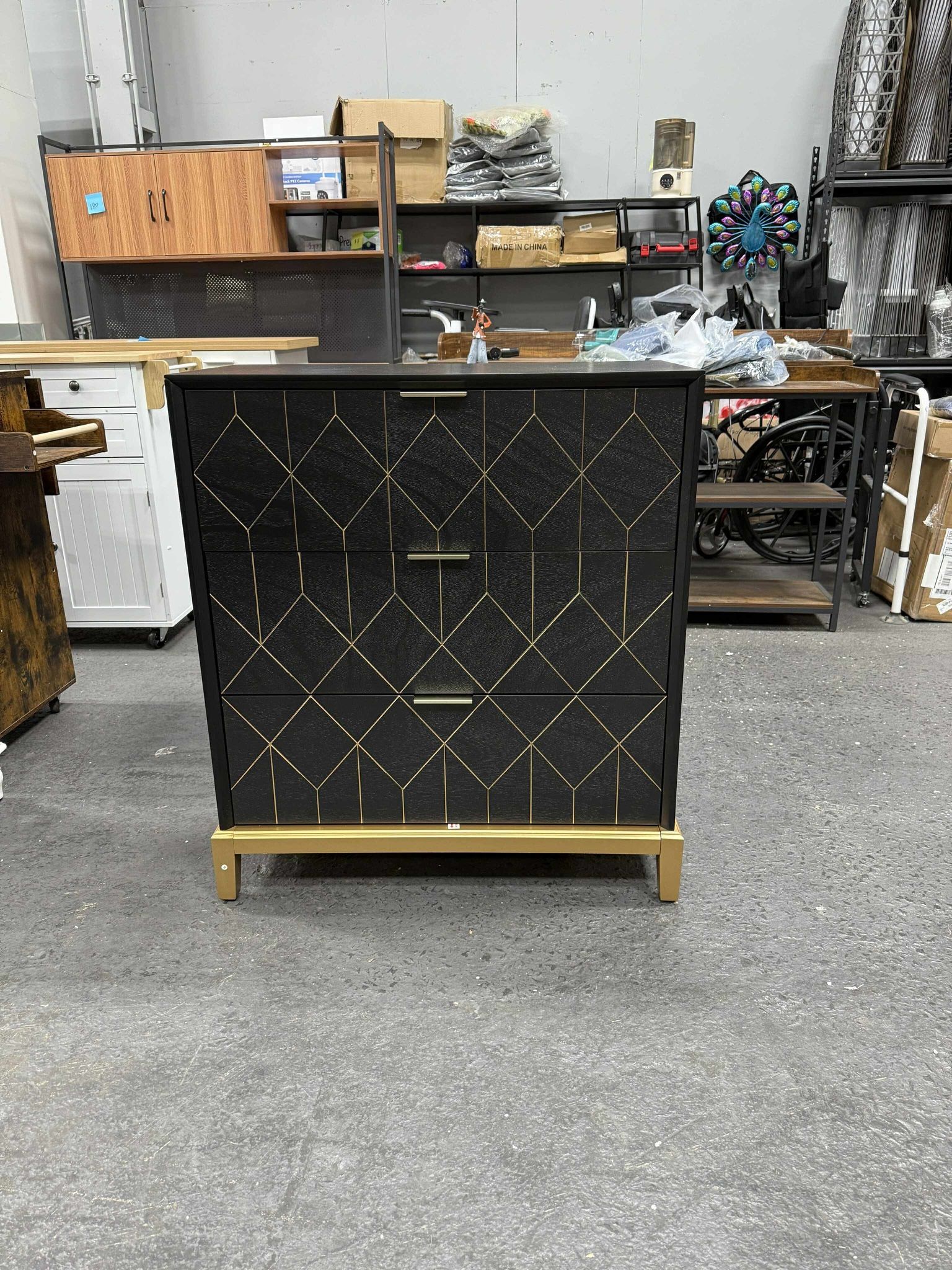 3 Drawer Dresser for Bedroom, Modern Wood Chest of Drawers with Gold Trim, Accent Dresser Storage Tower, Black Organizer Cabinet for Closet, Living Ro