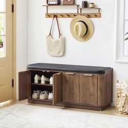 43.3''W Fluted Entryway Shoe Storage Bench with 4 Doors and Adjustable Shelf, 2-Tier Entry Bench Seat with Shoe Storage and Cushion, Shoe Cabinet Benc