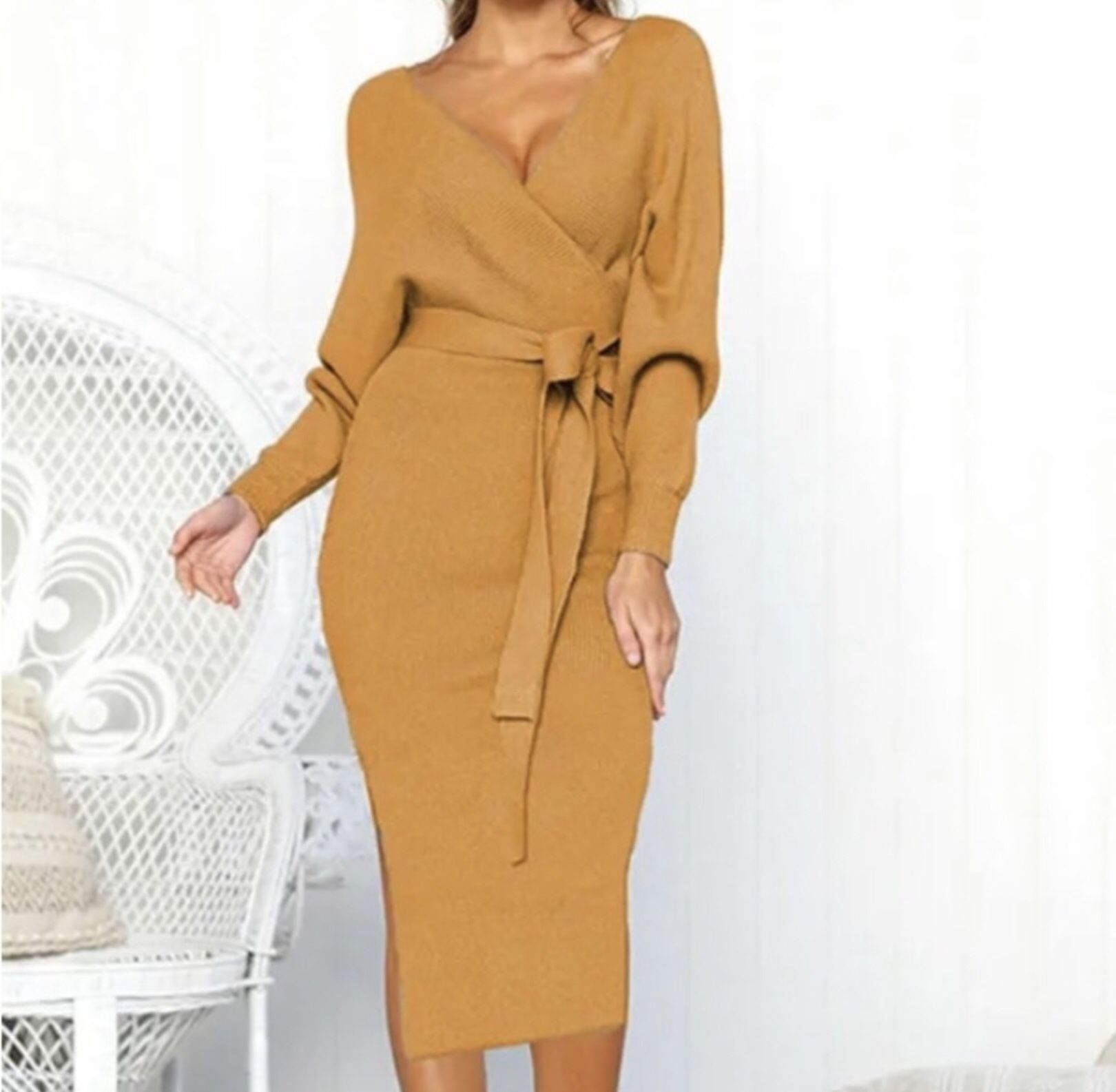 Women's V Neck Wrap Dress Batwing Long Sleeve Dress S,M