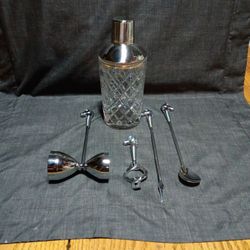 Vintage Bar Ware Set With Glass Cocktail Shaker
