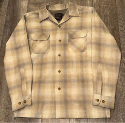 Pendleton Board Shirt Tan Mix Ombre Virgin Wool Plaid Shirt size Medium