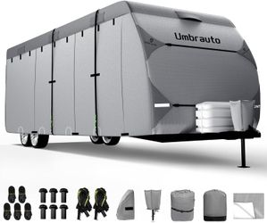 Travel Trailer RV Cover, 7 Layers Top Waterproof Anti-Tear Camper Cover Fits 22-24ft, Fits Toy Hauler Cover, Motorhome RV Cover, Includes Tire Covers,