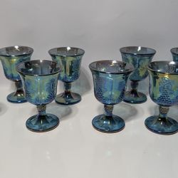 Set of 8 Indiana Glass Harvest Grape Carnival Goblets Blue Iridescent 5.5 Inch


