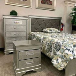 Amalia Champagne Silver Upholstered Panel Bedroom Set Queen & King Set Bed, Dresser, Mirror, Nightstand, Chest 