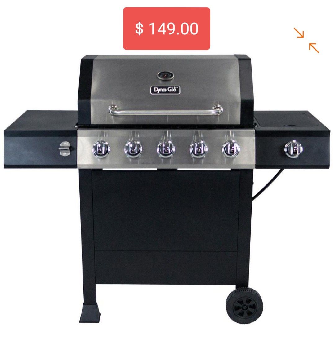 5 Burner Open Cart LP Gas Grill on Stainless Steel and Black whit Side Burner