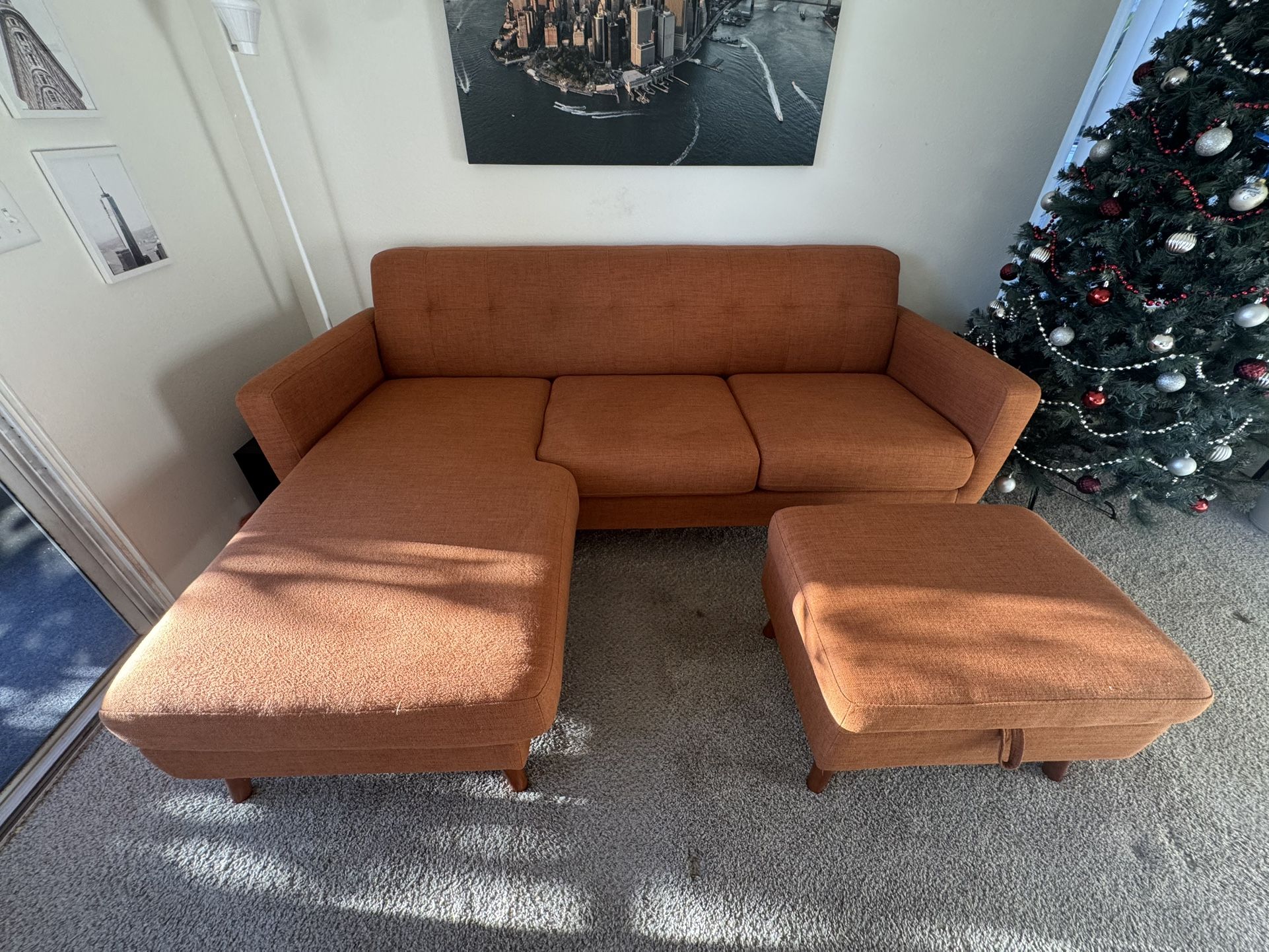Sectional orange sofa + storage ottoman