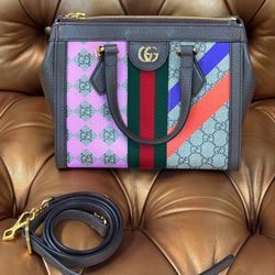 GUCCI GG Supreme Monogram Equestrian Web Small Ophidia Shoulder Tote Bag Beige Multicolor Acero Like New Strap