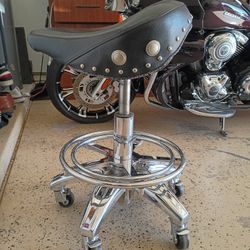 Larin Biker Saddle Stool – Adjustable, Rolling Wheels
