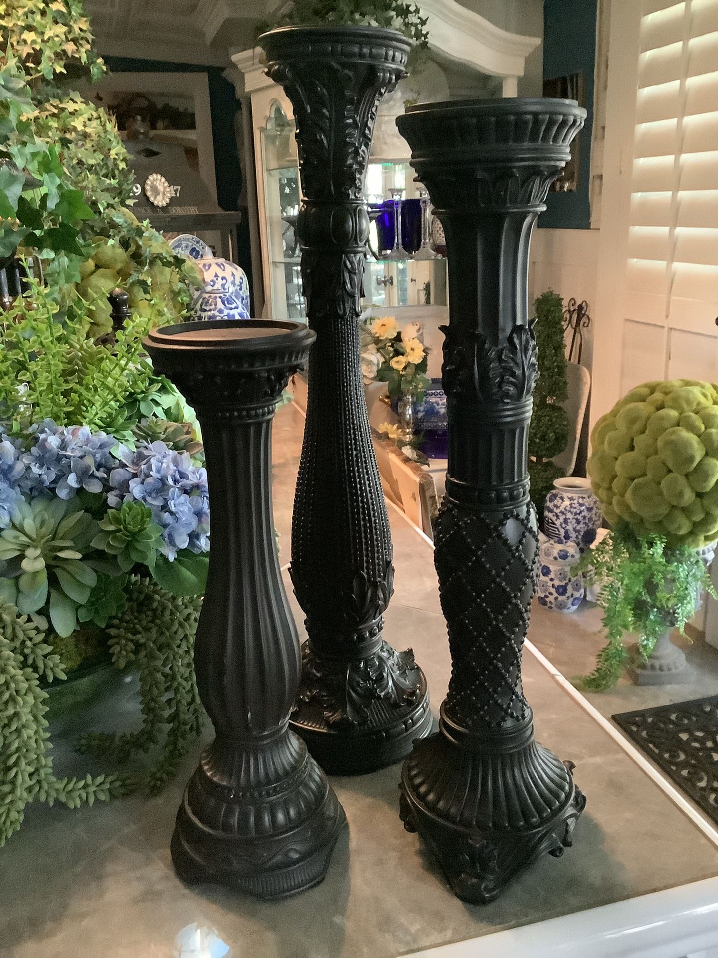 Fitz & Floyd Set Of 3 Black Pillar Candle Holders