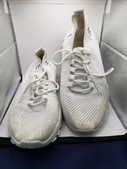 Size 10.5--11 Womens pair of white breathable knit mesh chunky platform sneakers